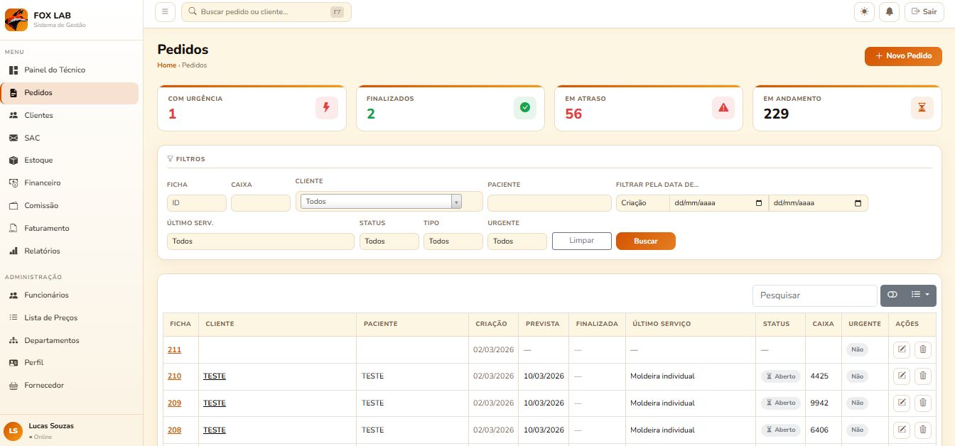 Tela de acompanhamento de serviços