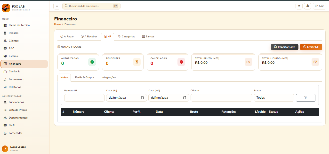 Tela do financeiro integrado